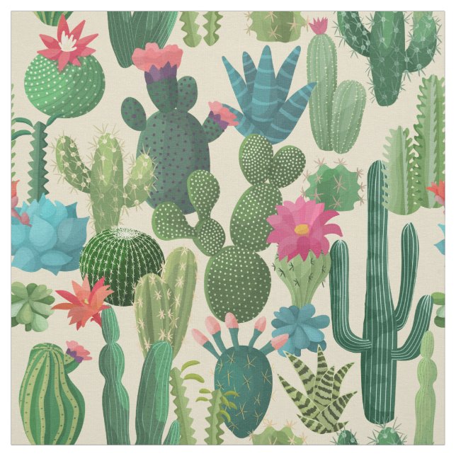 Tissu Motif de cactus Turquoises verts en fleurs (Échantillon)
