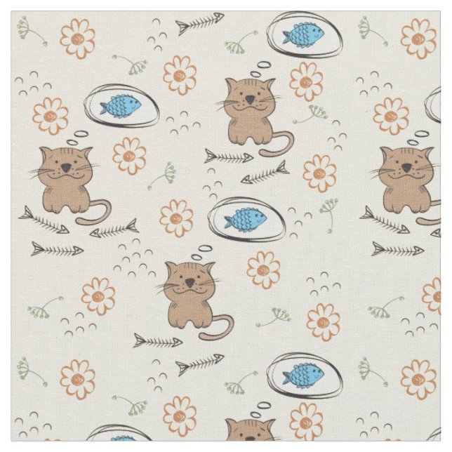 Tissu motif de chat et de poissons (Fermer)