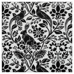 Tissu Motif de faisan et lièvre, blanc et noir