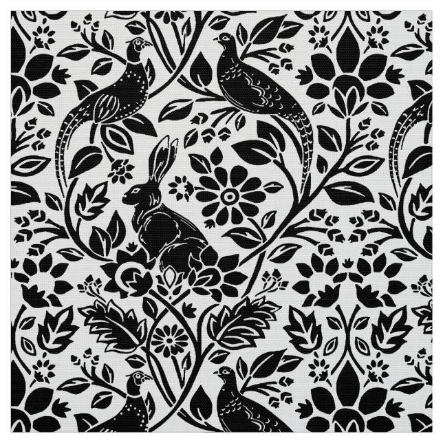 Tissu Motif de faisan et lièvre, blanc et noir (Échantillon)
