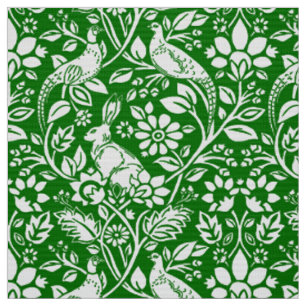 Tissu Motif de faisan et lièvre, vert émeraude et blanc