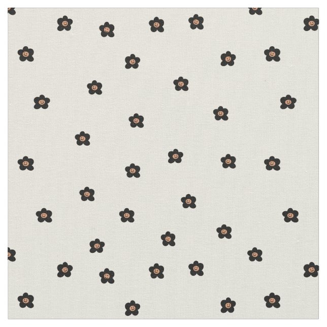 Tissu Motif de fleur souriante rétro en noir et crème (Fermer)