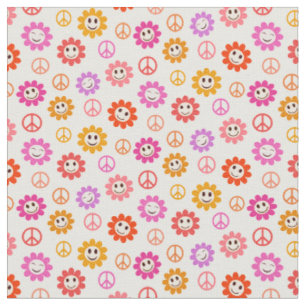 Tissu Motif de fleurs souriantes joyeuses avec des signe