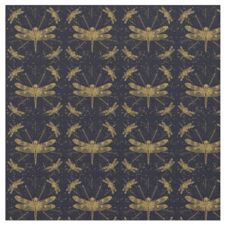 Tissu Motif de libellule d'or - sombre