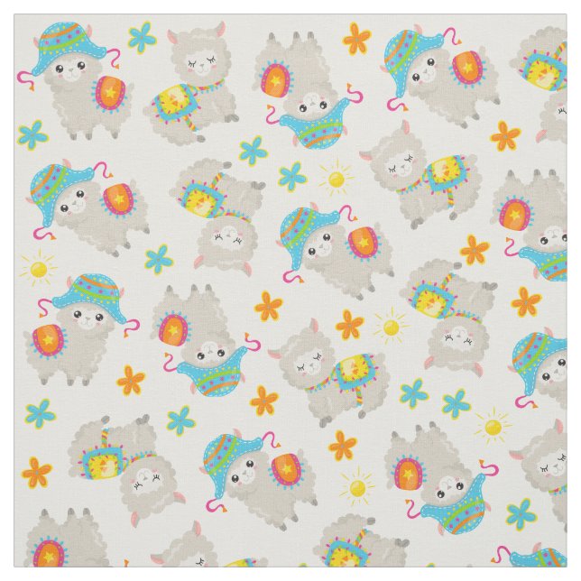 Tissu Motif De Llamas, Cute Llamas, Alpacas, Fleurs (Échantillon)