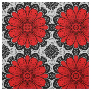 Tissu Motif de marguerite géométrique en rouge noir et b
