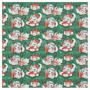 Tissu motif de Noël Vintage Vert des années 50 avec chat
