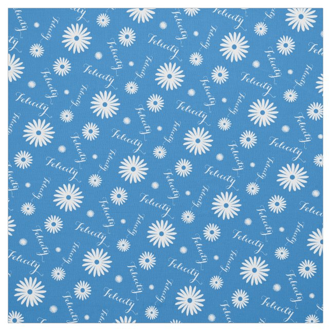 Tissu Motif de nom de marguerite blanche bleue personnal (Échantillon)