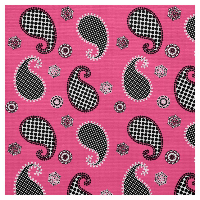 Tissu Motif de Paisley, rose fuchsia, noir et blanc (Échantillon)