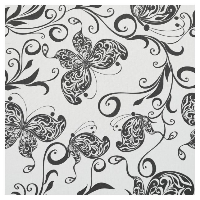 Tissu Motif de papillons et fleurs noirs et blancs (Échantillon)
