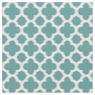 Tissu Motif de Quatrefoil Turquoise Vert Bleu Blanc Ikat
