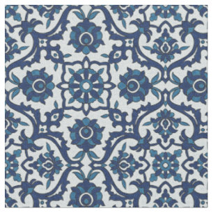 Tissu Motif de tuiles florales Azulejos bleu-portugais