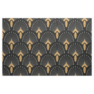 Tissu Motif de ventilateur Art déco noir, or et blanc