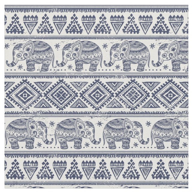 Tissu Motif d'éléphant ethnique bleu (Fermer)