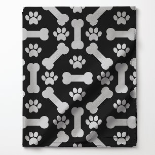 Tissu Motif d'os de chien et d'empreintes de pattes noir