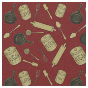 Tissu Motif d'ustensiles de cuisine - Sepia on Dark Red