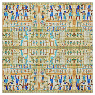 Tissu Motif égyptien Rithual Bleu, Turquoise, Jaune