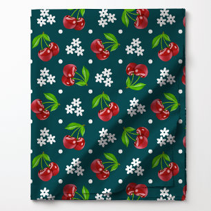 Tissu Motif floral à pois Cerise sur fond sarcelle