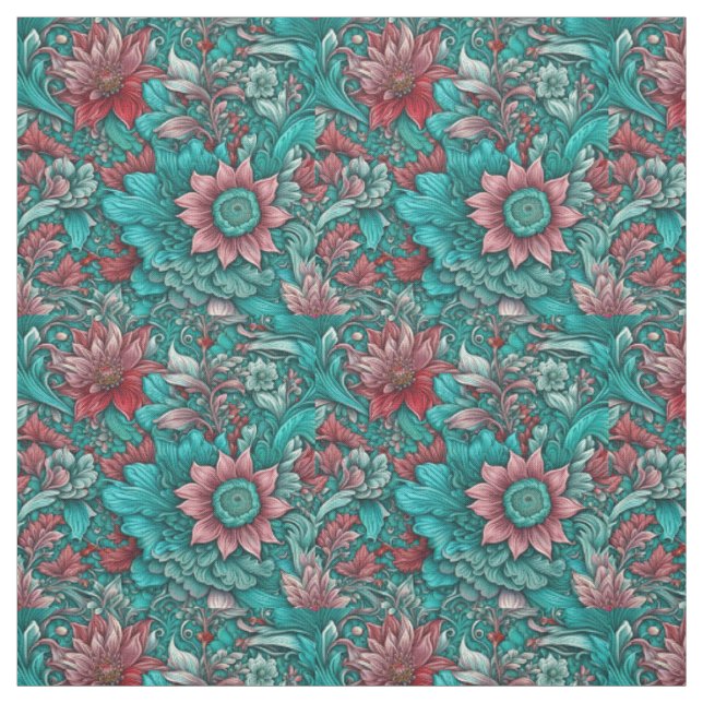 Tissu Motif Floral, Aqua, Turquoise, Turquoise et Gris (Échantillon)