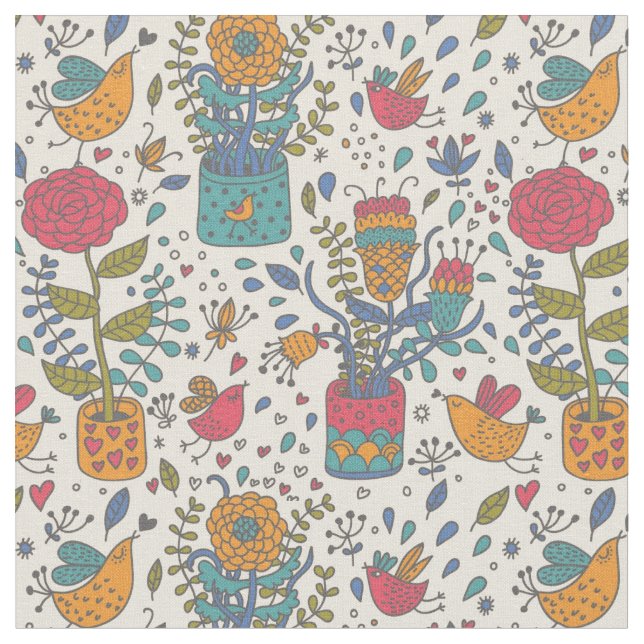 Tissu Motif floral de bande dessinée avec les oiseaux 2 (Fermer)
