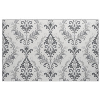 Tissu Motif floral en damas baroque gris argent