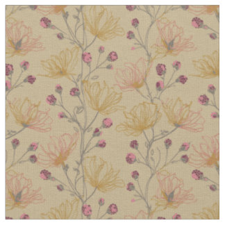 Tissu Motif floral framboise et moutarde Taupe