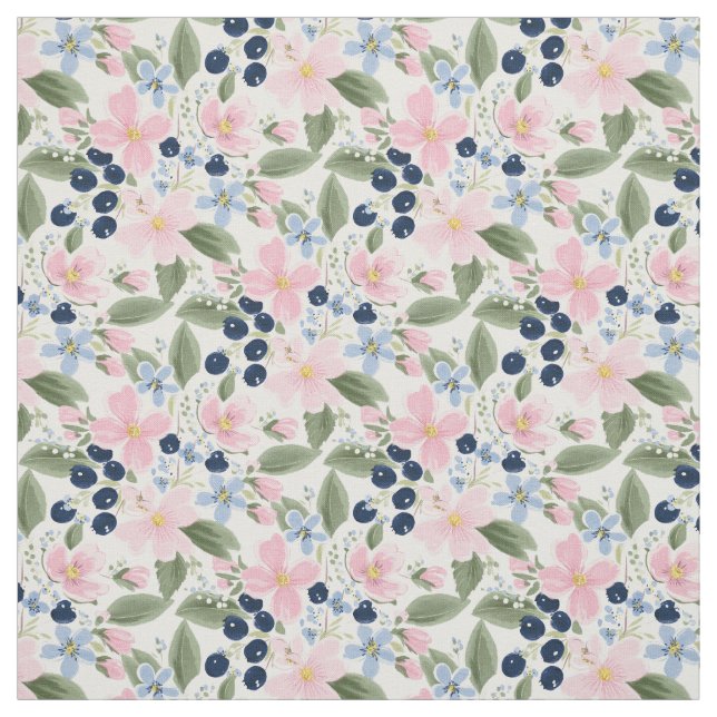 Tissu Motif floral pastel Fleur des champs et myrtille  (Échantillon)