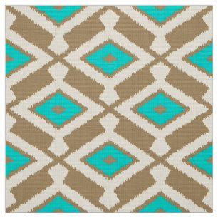 Tissu Motif Ikat - Turquoise, Taupe et Beige