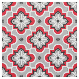 Tissu Motif marocain de tuile - gris et rouge