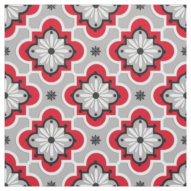 Tissu Motif marocain de tuile - gris et rouge (Échantillon)