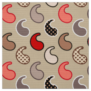 Tissu Motif moderne Paisley, beige, rouge, gris et corai