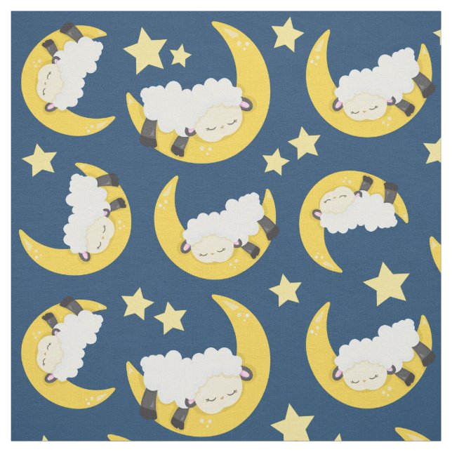 Tissu Motif mouton, Mouton couché, Lune, Étoiles (Échantillon)