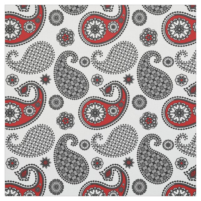 Tissu Motif Paisley, noir, blanc et rouge (Échantillon)
