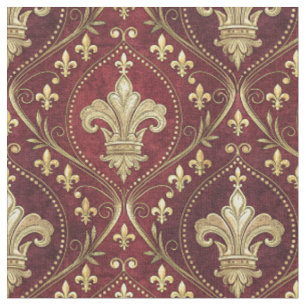 Tissu Motif royal en velours rouge à fleur de lis dorée