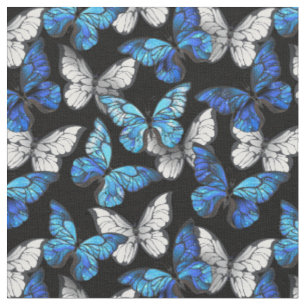 Tissu Motif sans couleur foncée avec papillons bleus Mor