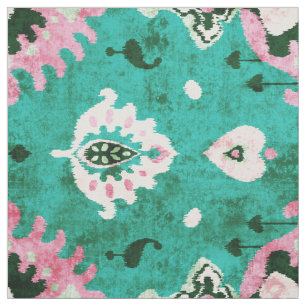 Tissu motif tribal chic rustique vert et rose ikat