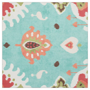 Tissu motif tribal chic turquoise rouge-orange ikat