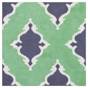 Tissu motif tribal de damask ikat, bleu élégant et ver