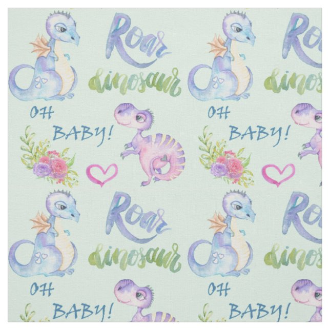 Tissu Motif Turquoise Roar Baby Dinosaur (Échantillon)