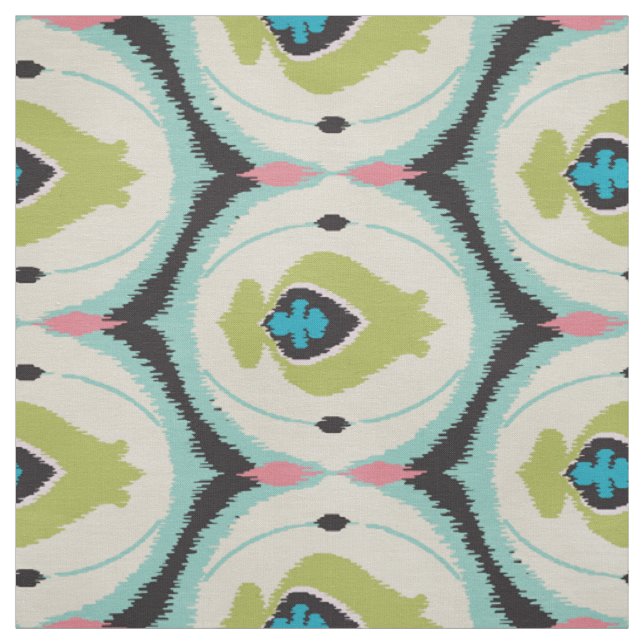 Tissu motifs tribaux de l'Iikat à la menthe rose (Échantillon)