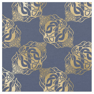 Tissu Noeuds celtiques d'or avec dragons sur le bleu