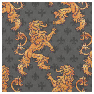 Tissu Noir médiéval Gray Fleur de Lis de lion d'or