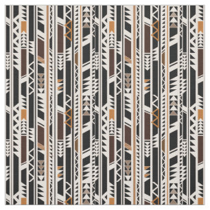 Tissu Noir, motif tribal brun blanc