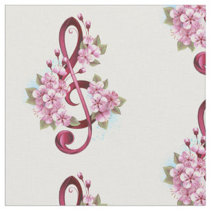 Tissu Notes de clef musicale en treble avec des fleurs S