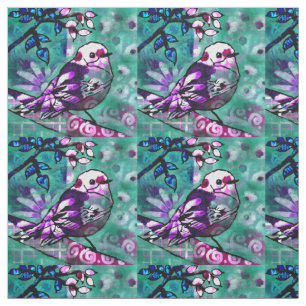 Tissu Oiseau Abstrait blanc Floral Turquoise pourpre