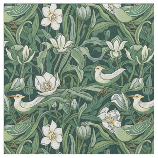 Tissu Oiseaux et tulipes Vert Art Nouveau