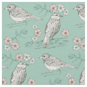 Tissu Oiseaux Fleurs roses Robins Oeuf Bleu