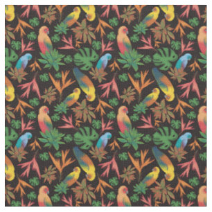 Tissu Oiseaux tropicaux Motif floral noir