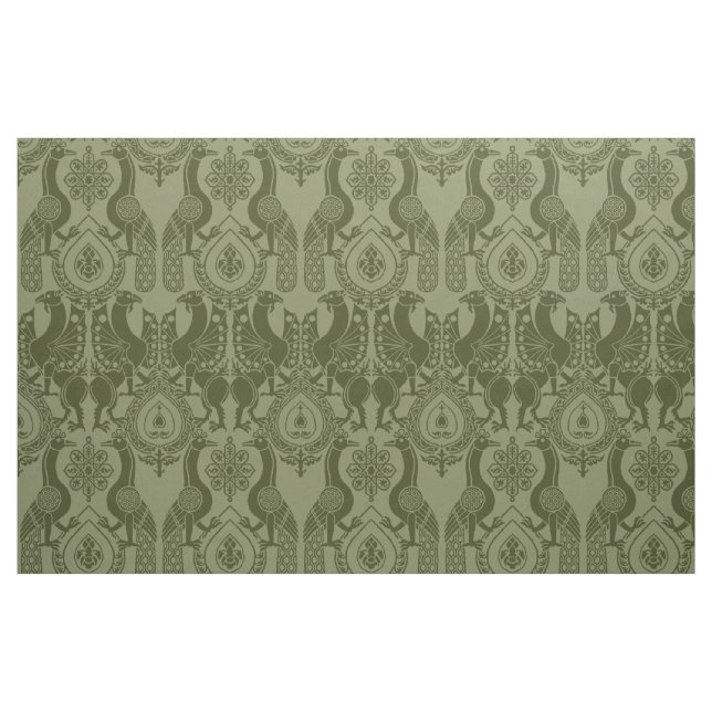 Tissu Olive Green Peacocs médiévaux et dragons (Fat Quarter)