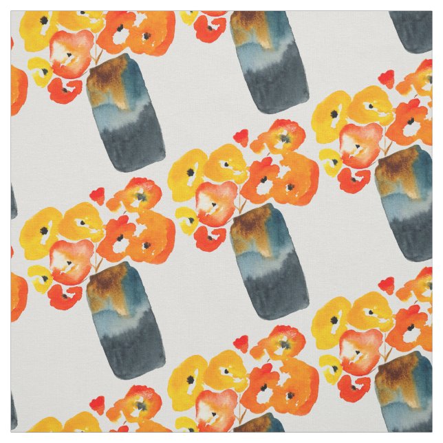 Tissu Orange fleurs de pavot aquarelle (Échantillon)